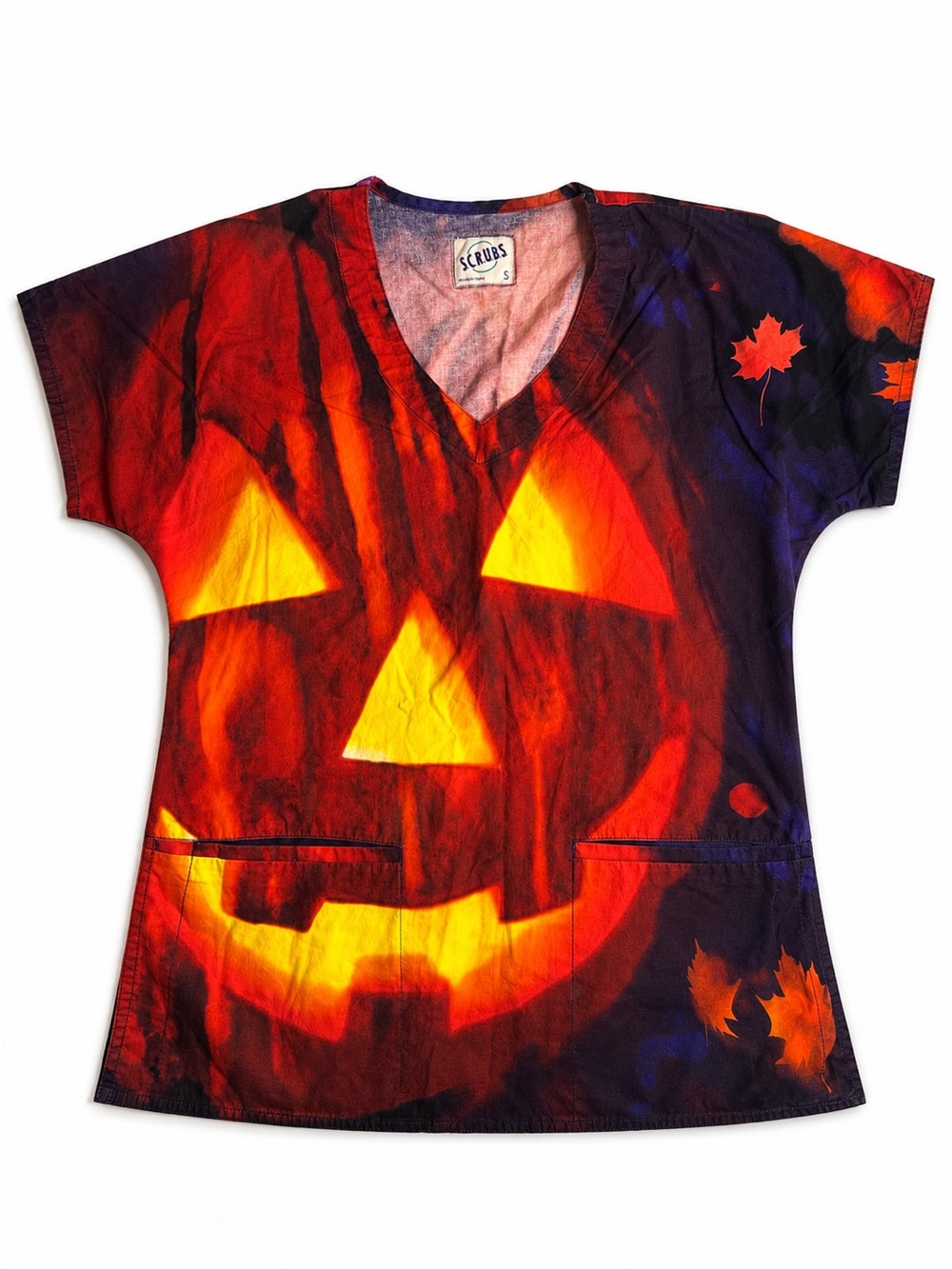 Scrubs Halloween Jack O Lantern Pumpkin Nurse Scrub Top Fall V Neck Elastic S
